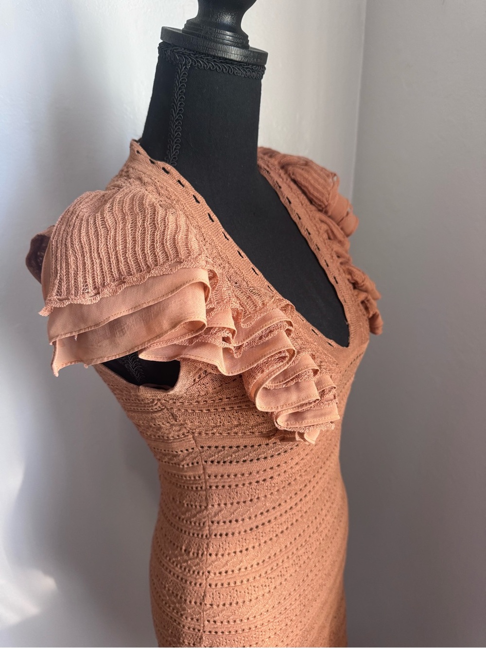 Ronny Kobo Collection Rust Crochet Knit Mini Dress with Ruffle Cap Sleeves